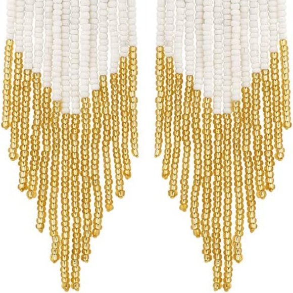 4.5" Modern Art Deco Oversized Post Earrings Red White Gold New Beaded - Picture 7 of 9